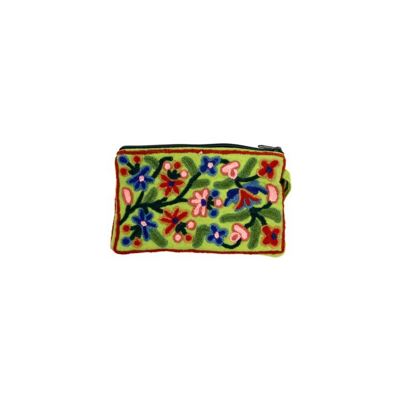 Pochette coton vert brodée et fleurie Pochette coton vert brodée et fleurie