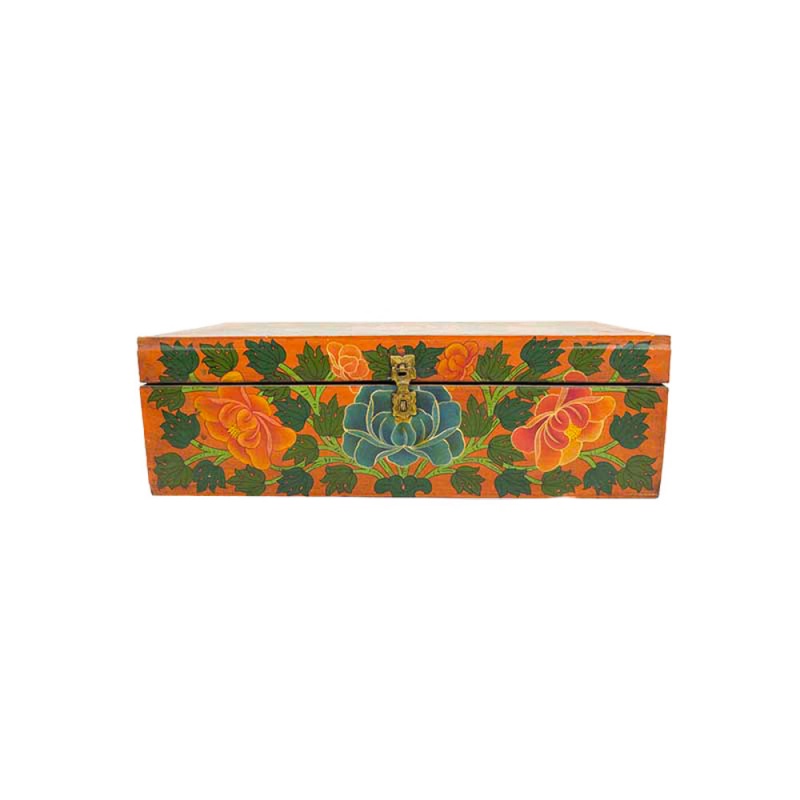 coffre petite malle tibétaine en bois peint lotus et vajra croisé coffre petite malle tibétaine en bois peint lotus et vajra croisé