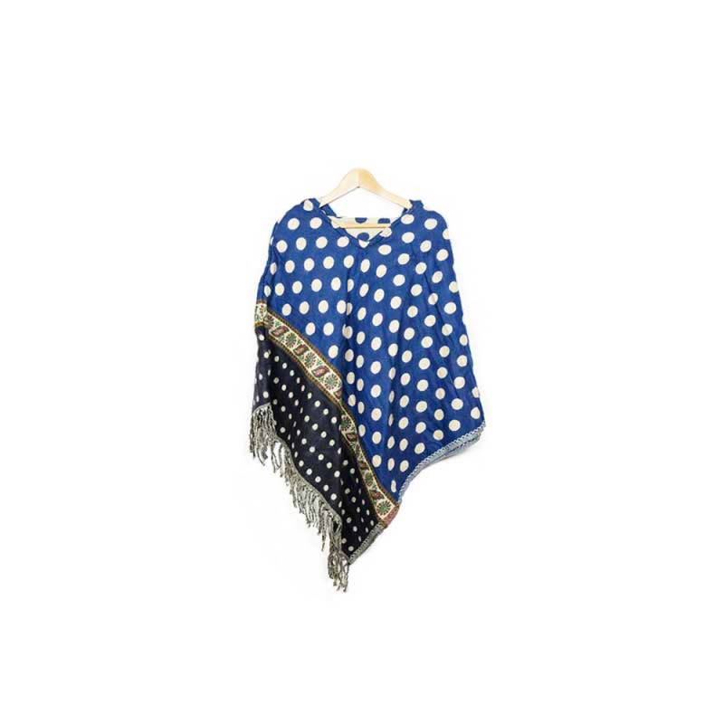 poncho à capuche bleu à pois beige et motifs poncho à capuche bleu à pois beige et motifs