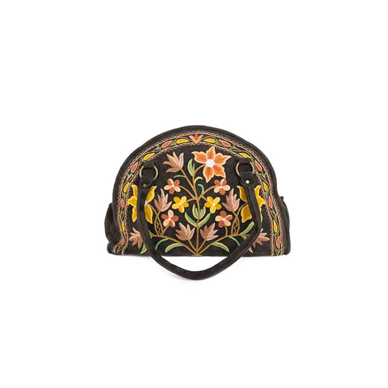 sac en cuir marron demi-lune et brodé de fleurs sac en cuir marron demi-lune et brodé de fleurs