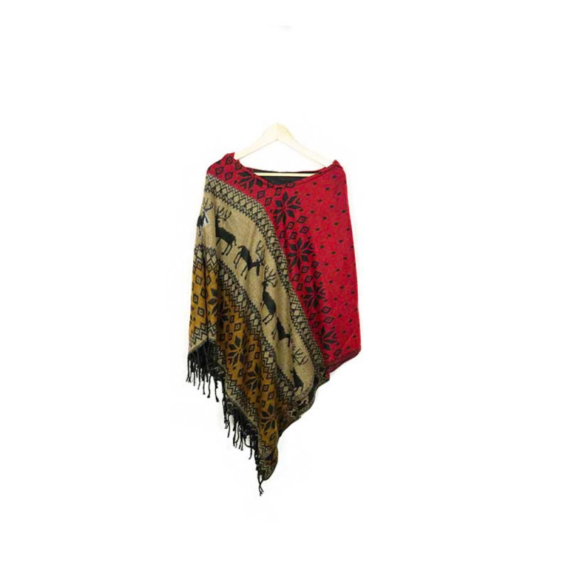 pochon en laine rouge et beige motifs rênes et étoiles pochon en laine rouge et beige motifs rênes et étoiles