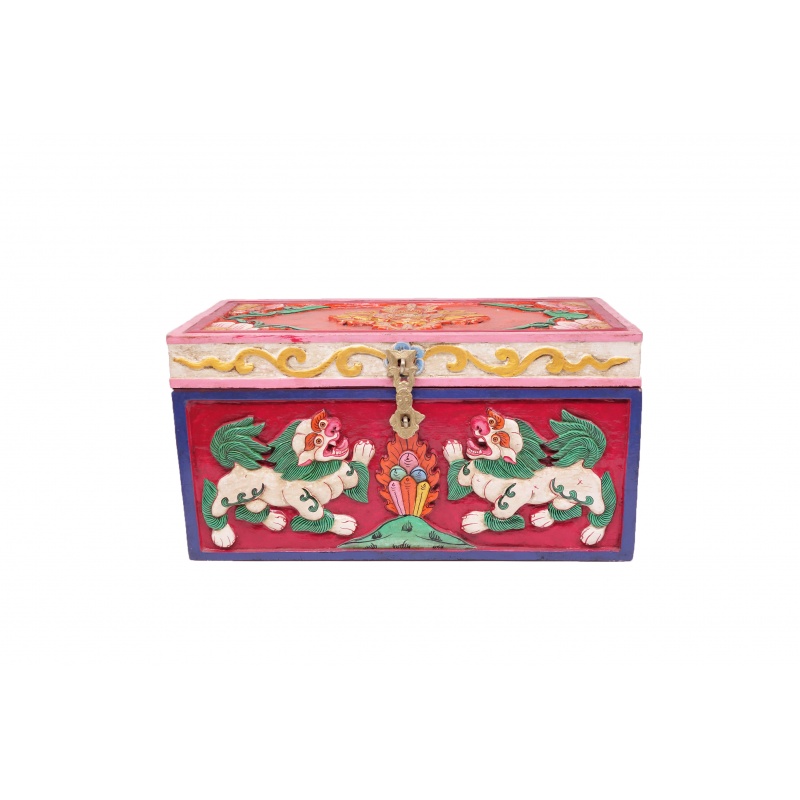 coffre tibétain et bois sculpté lion des neiges double vajra et lotus coffre tibétain et bois sculpté lion des neiges double vajra et lotus
