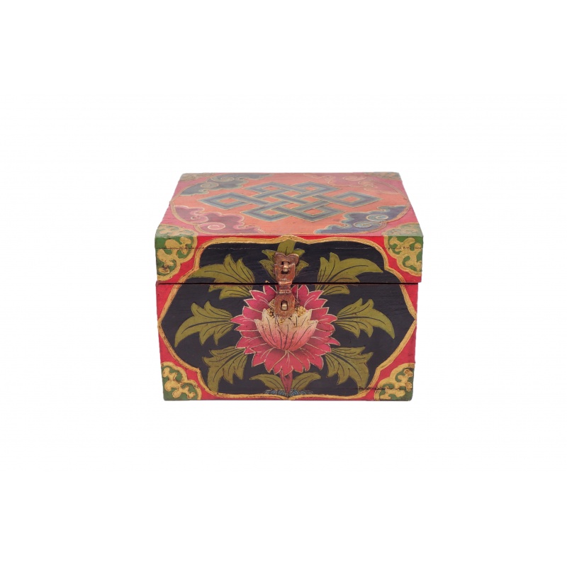 Coffret tibétain en bois Lotus - Conque - Noeud sans fin Coffret tibétain en bois Lotus - Conque - Noeud sans fin