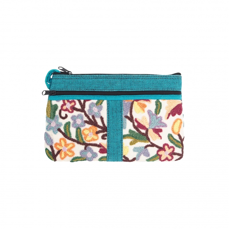 Pochette mini sac en coton brodé bleu turquoise et beige Pochette mini sac en coton brodé bleu turquoise et beige