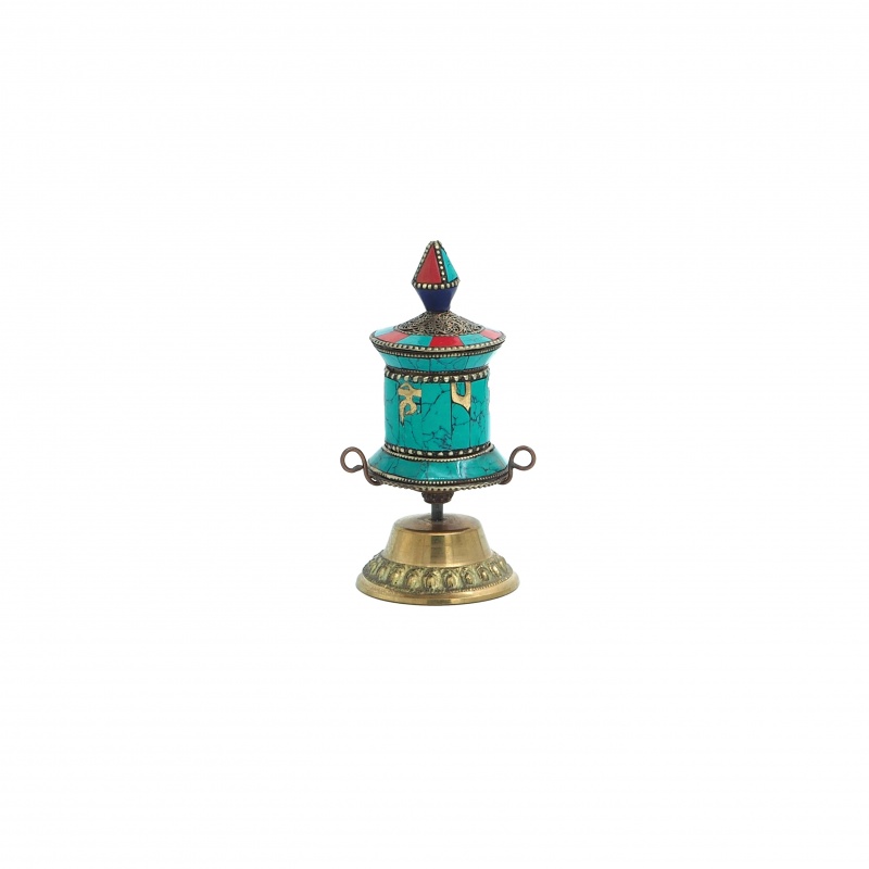 Moulin à prières tibétain turquoise et corail sur socle Moulin à prières tibétain turquoise et corail sur socle