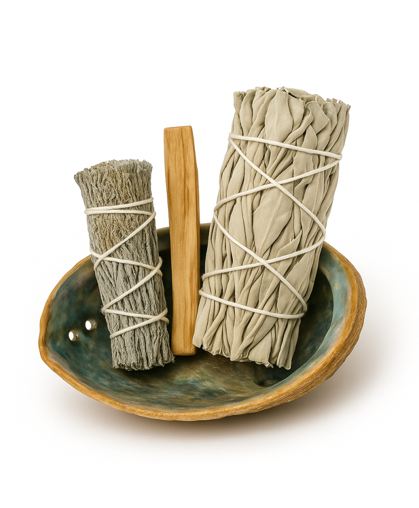 Kit de Purification – Sauge Blanche, Sauge du Désert, Palo Santo & Coquille d’Ormeau