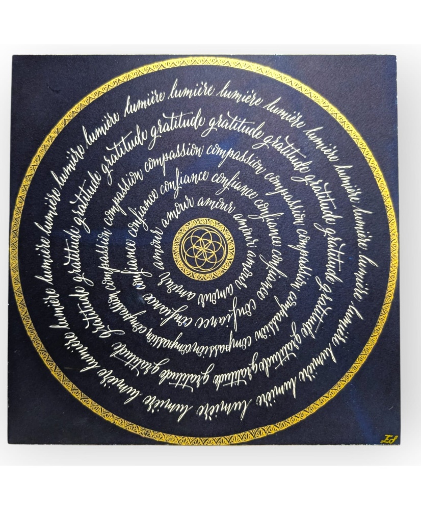 Tableau Sacré Bleu Nuit – Mandala Doré & Calligraphie Lumineuse