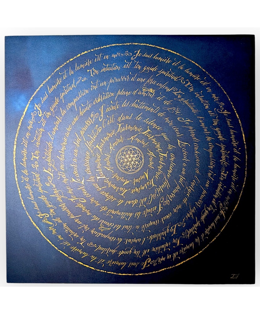 Tableau Sacré – Fleur de Vie Dorée & Calligraphie Spirale